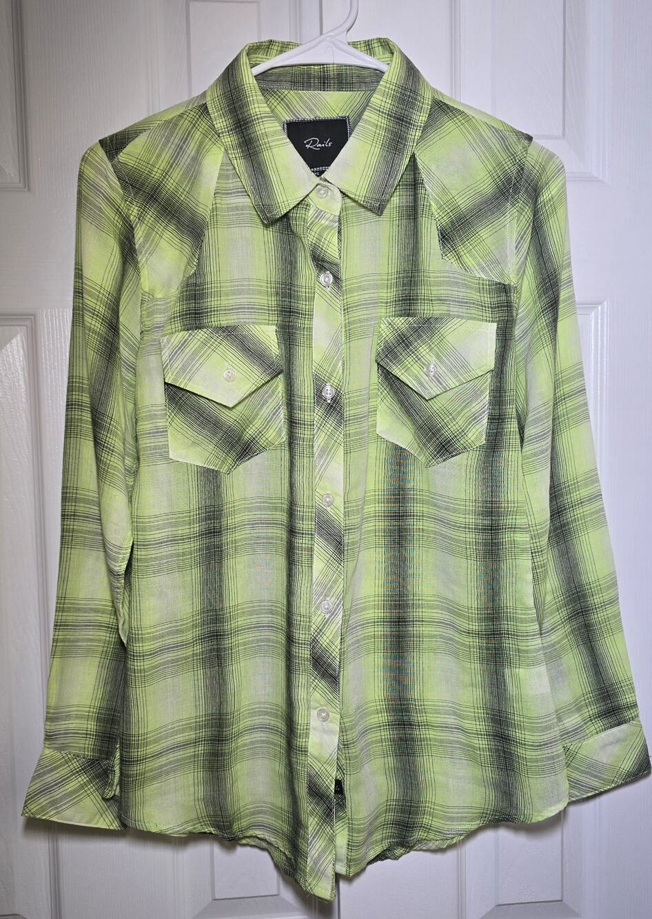 Rails Neon Green/Black Plaid Button Down Long Sleeve Top- Size XS